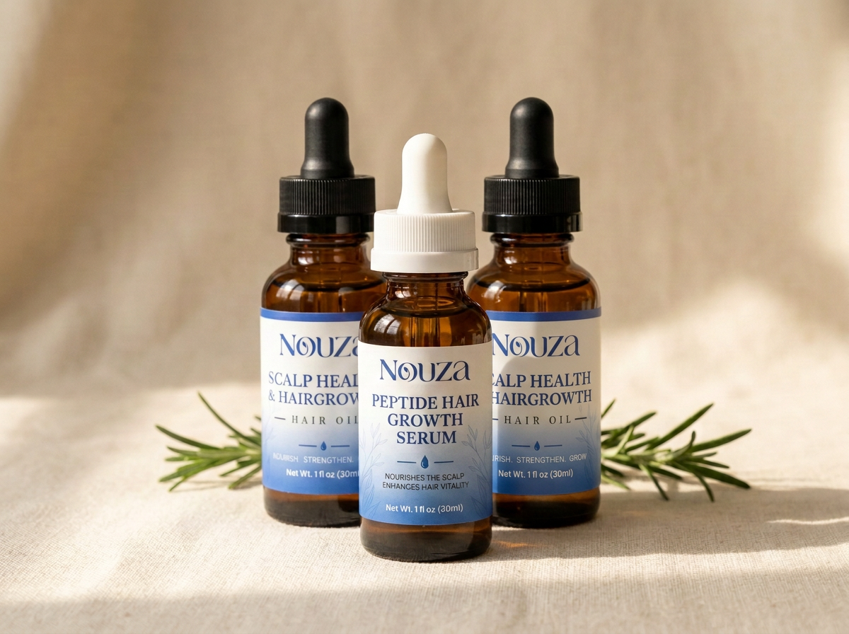 Two NOUZA Hair Oil bottles and a Peptide Serum displayed together on linen